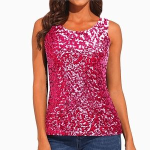Hot Pink Sequin Round Neck Tank Disco Festival Party Retro Summer Vacation Gift